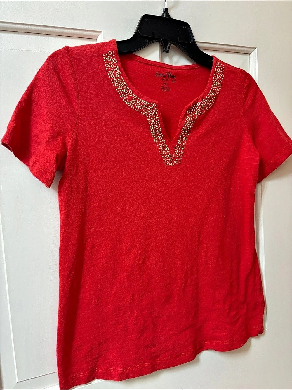 Coral Bay Red Embellished Short Sleeve Top Size PS Like New